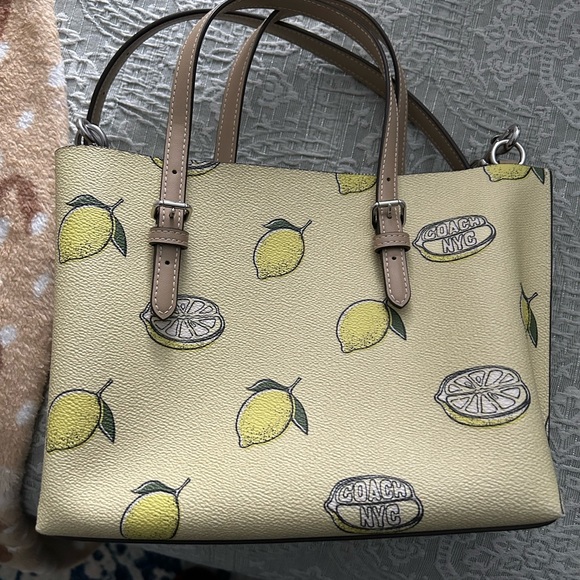 Coach Lemon Print Tote in Pale Yellow with Tan Straps - Picture 2 of 7